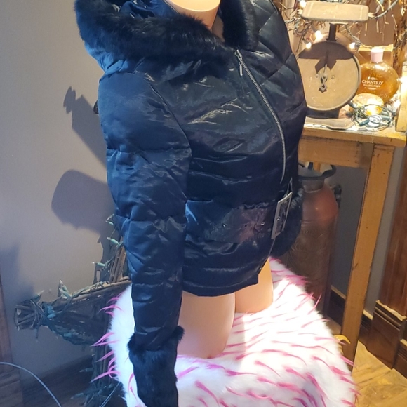 Bebe shiny puffer rabbit fur belted coat S EUC - Picture 4 of 7